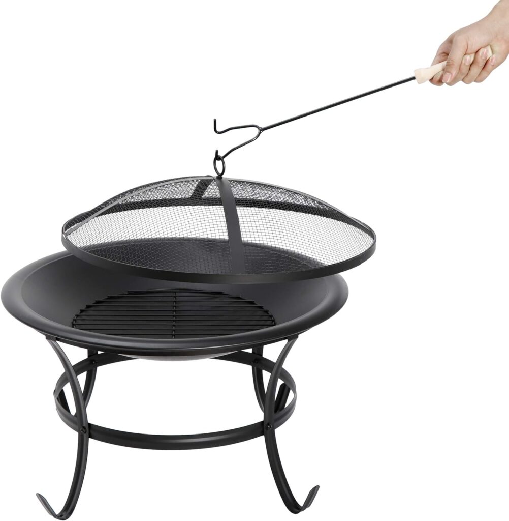 22Inches Fire Pit Outdoor Steel Wood Burning BBQ Grill Firepit Bowl Fireplace with Mesh Screen Fire Poker, Log Grate