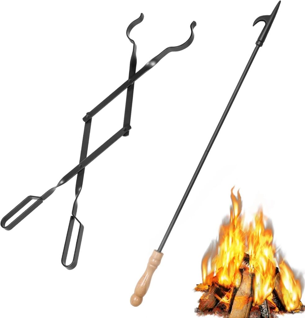 26 Fireplace Fire Pit Tongs 32 Fire Pit Poker, Fireplace Wood Stove Firewood Tongs, Black Heavy Duty Wrought Iron Log Grabber Fire Pit Tools for Campfire, Fireplace, Bonfires, IndoorOutdoor Use