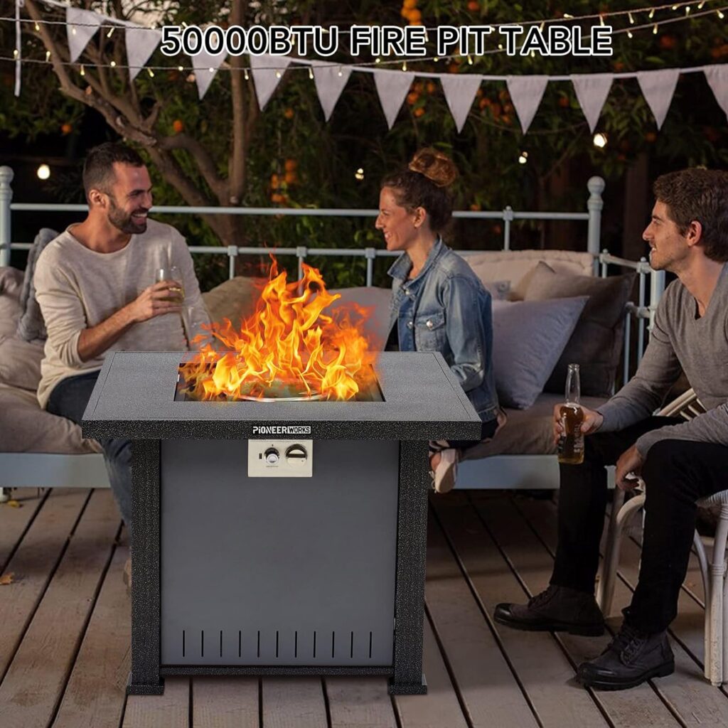 28 Inch Propane Fire Pit Table, 50000BTU Rectangle Fire Table with Cover, Sturdy Steel and Iron Fence Surface, CSA Safety Certified, Companion for Your Garden