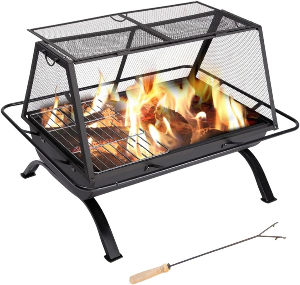 36 Inch Fire Pit with Grill, Outdoor Wood Burning Firepit for Outside, Large Fire Pits with Cooking Grill Grate, Spark Screen Fireplace Poker, BBQ Outdoor Firepit 2 in 1 for Patio, Picnic Backyard