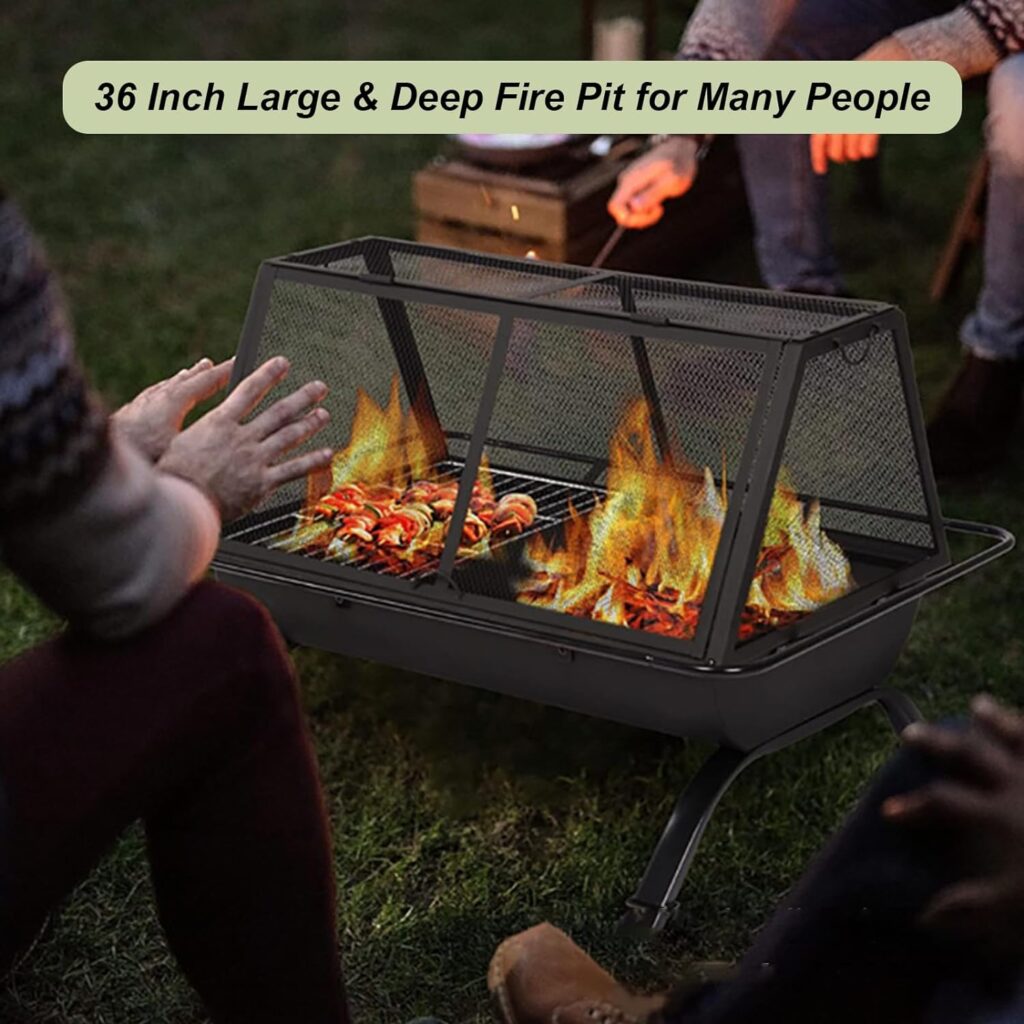 36 Inch Fire Pit with Grill, Outdoor Wood Burning Firepit for Outside, Large Fire Pits with Cooking Grill Grate, Spark Screen Fireplace Poker, BBQ Outdoor Firepit 2 in 1 for Patio, Picnic Backyard