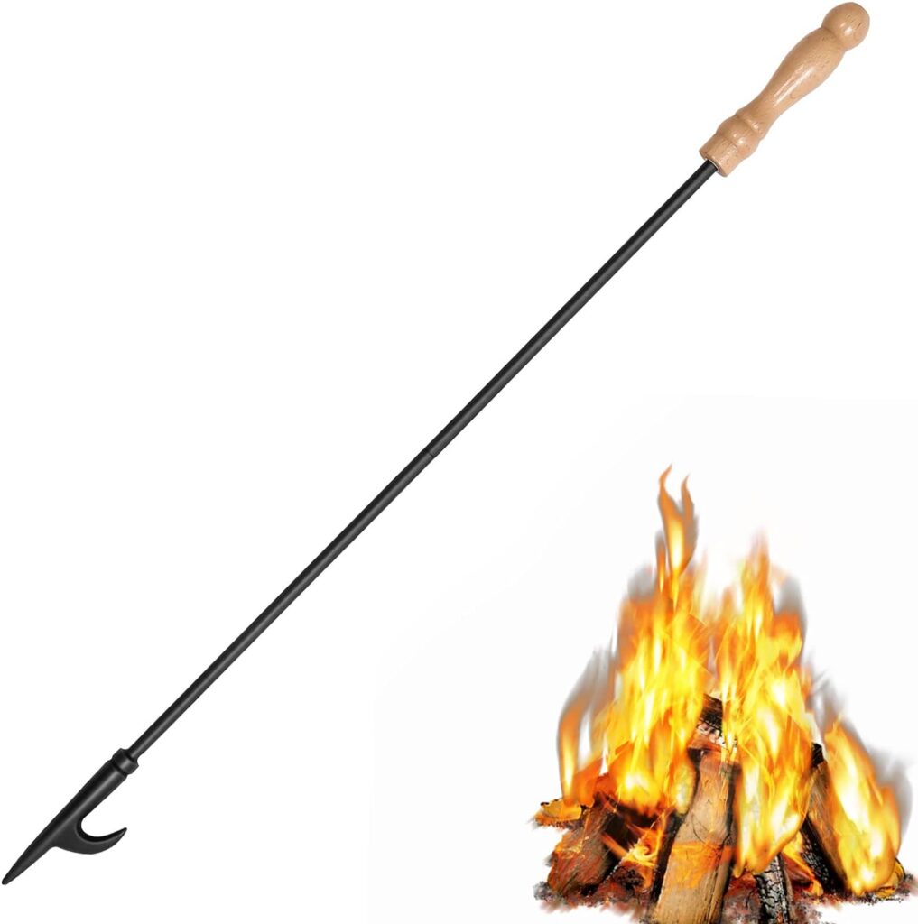 AGM Fire Poker for Fire Pit, 32 Long Heavy Duty Campfire Poker Stick with Wooden Handle for Camping, Fireplace, Bonfires, Rust Resistant Portable Fire Pit Tools Accessories for Outdoor Indoor