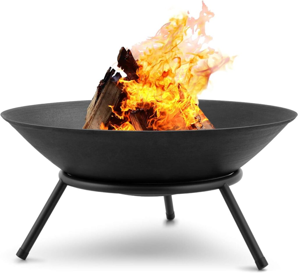 AMAGABELI GARDEN HOME Fire Pit Outdoor Wood Burning Fire Bowl 22.6in with A Drain Hole Fireplace Extra Deep Large Round Outside Backyard Deck Camping Heavy Duty Metal Grate Rustproof