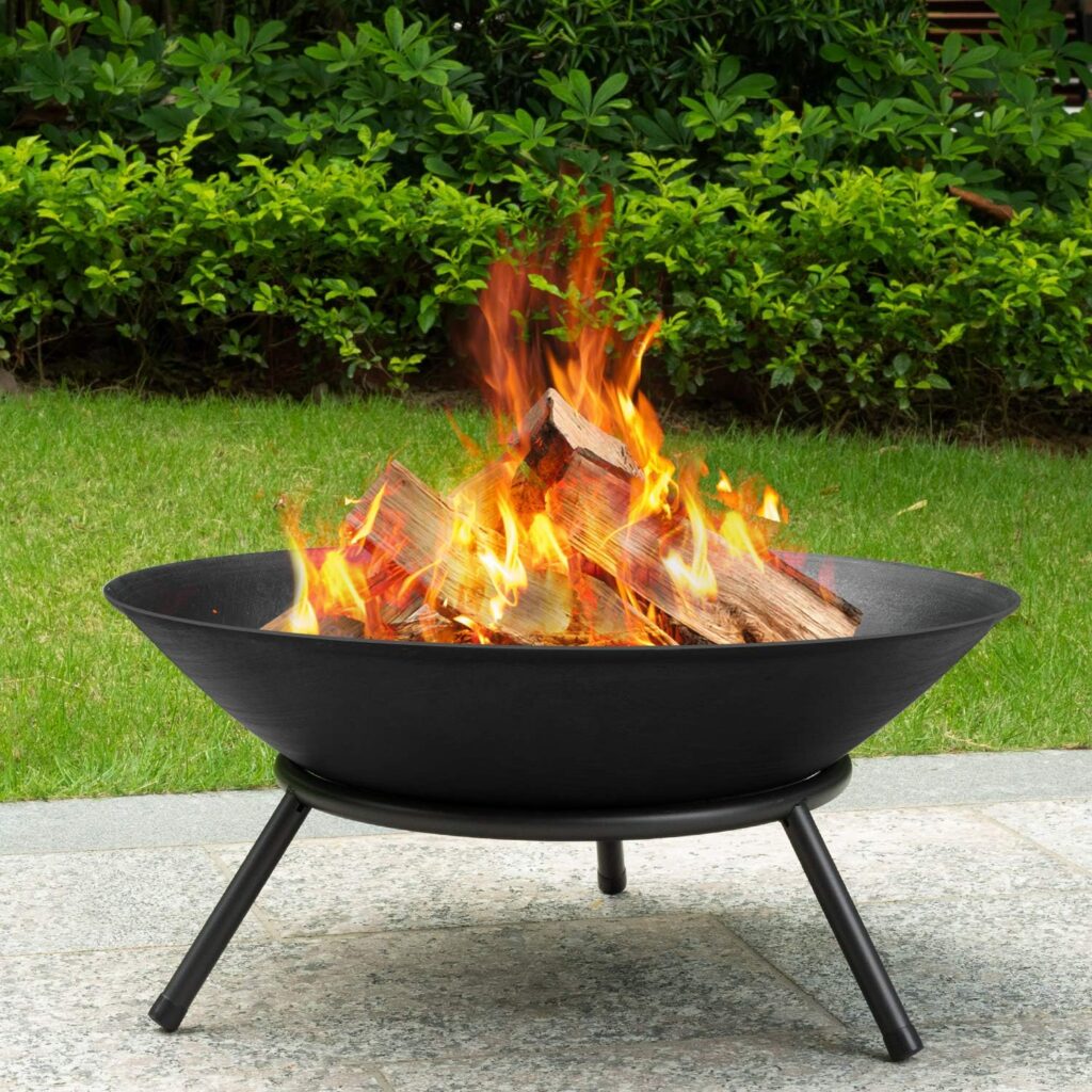 AMAGABELI GARDEN HOME Fire Pit Outdoor Wood Burning Fire Bowl 22.6in with A Drain Hole Fireplace Extra Deep Large Round Outside Backyard Deck Camping Heavy Duty Metal Grate Rustproof