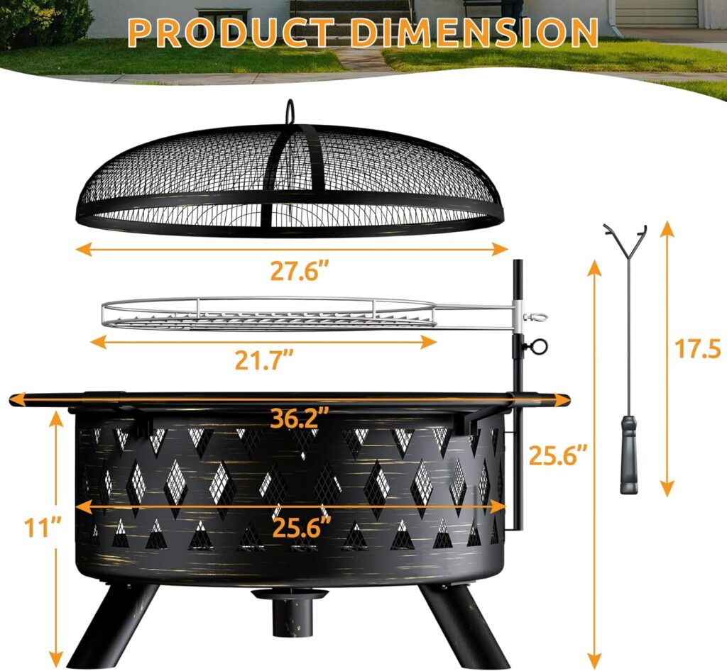 Amopatio Fire Pit for Outside, 30 Inch Large Outdoor Wood Burning Fire Pits, Patio Backyard Firepit with Steel BBQ Grill Cooking Grate, Spark Screen Poker for Garden, Bonfire, Camping, Picnic