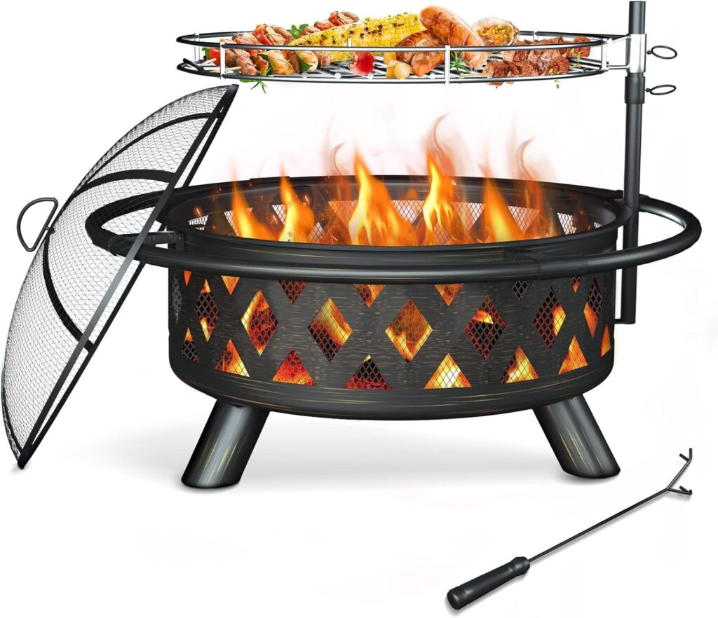 Amopatio Fire Pit for Outside, 30 Inch Large Outdoor Wood Burning Fire Pits, Patio Backyard Firepit with Steel BBQ Grill Cooking Grate, Spark Screen Poker for Garden, Bonfire, Camping, Picnic