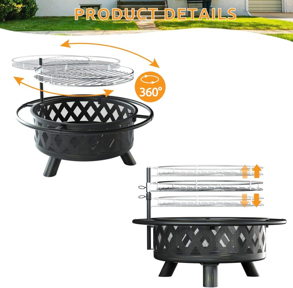 Amopatio Fire Pit for Outside, 30 Inch Large Outdoor Wood Burning Fire Pits, Patio Backyard Firepit with Steel BBQ Grill Cooking Grate, Spark Screen Poker for Garden, Bonfire, Camping, Picnic