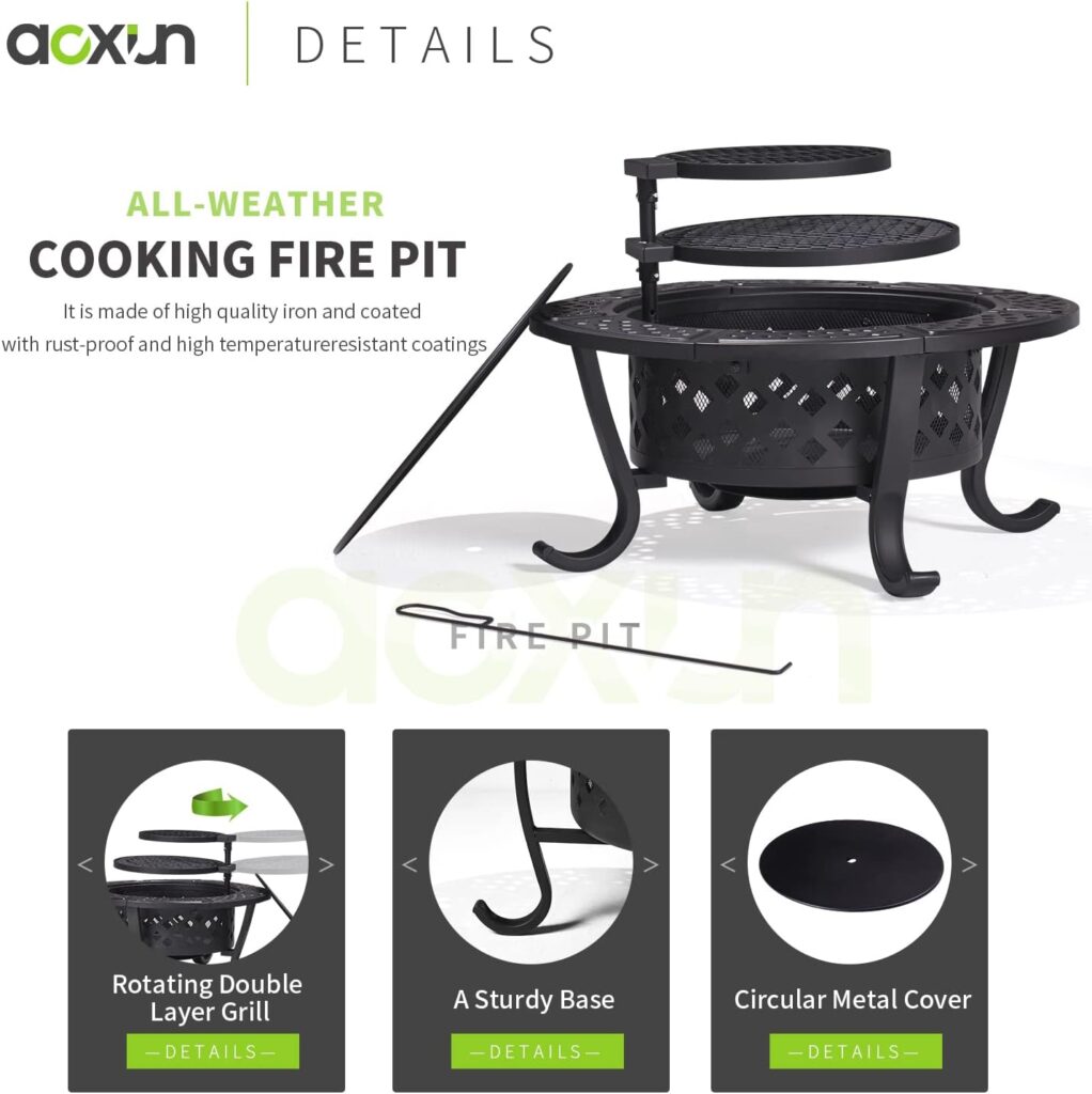 Aoxun Fire Pit,36 Outdoor Wood Burning Fire Pit with 2 Grills,BBQ Large Fire Table for Camping,Heating,Picnics