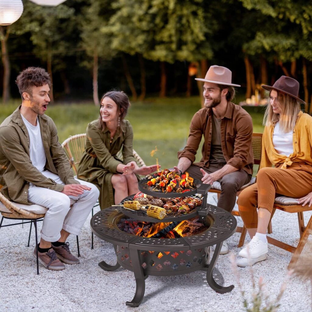 Aoxun Fire Pit,36 Outdoor Wood Burning Fire Pit with 2 Grills,BBQ Large Fire Table for Camping,Heating,Picnics