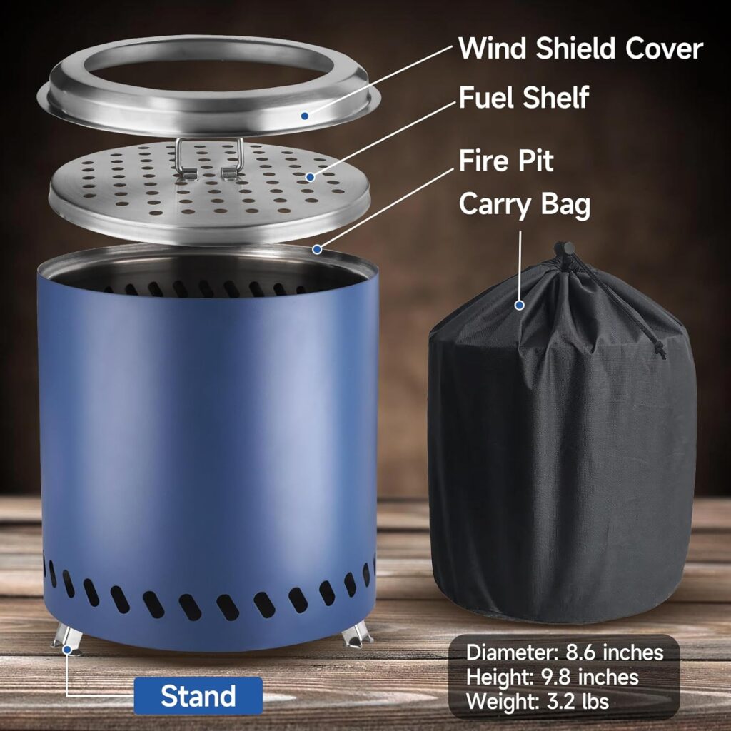 AVKENOEDY Tabletop Fire Pit with Stand, 9.8 H x 8.6 D Smokeless Portable Mini Fire pit for Indoor Outdoor, Fueled by Pellets/Wood, Safe Burning, Stainless Steel, with Travel Bag, 3.2lbs, Navy Blue