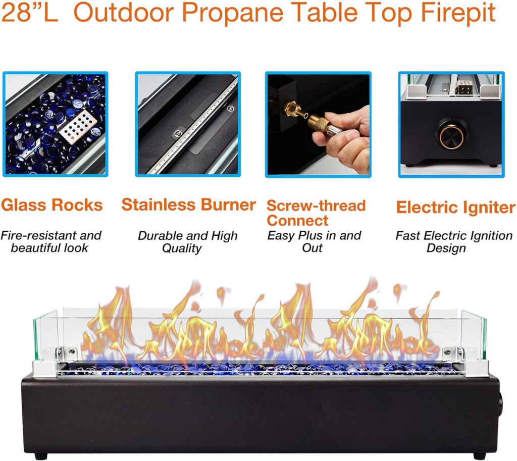 BAIDE HOME 28-inch Table Top Propane Fire Pit, 40,000 BTU Tabletop Gas Firepit for Patio, Outdoor Portable Fireplace Rectangular Fire Bowl w/Wind Glass Shield, Glass Rocks - Black