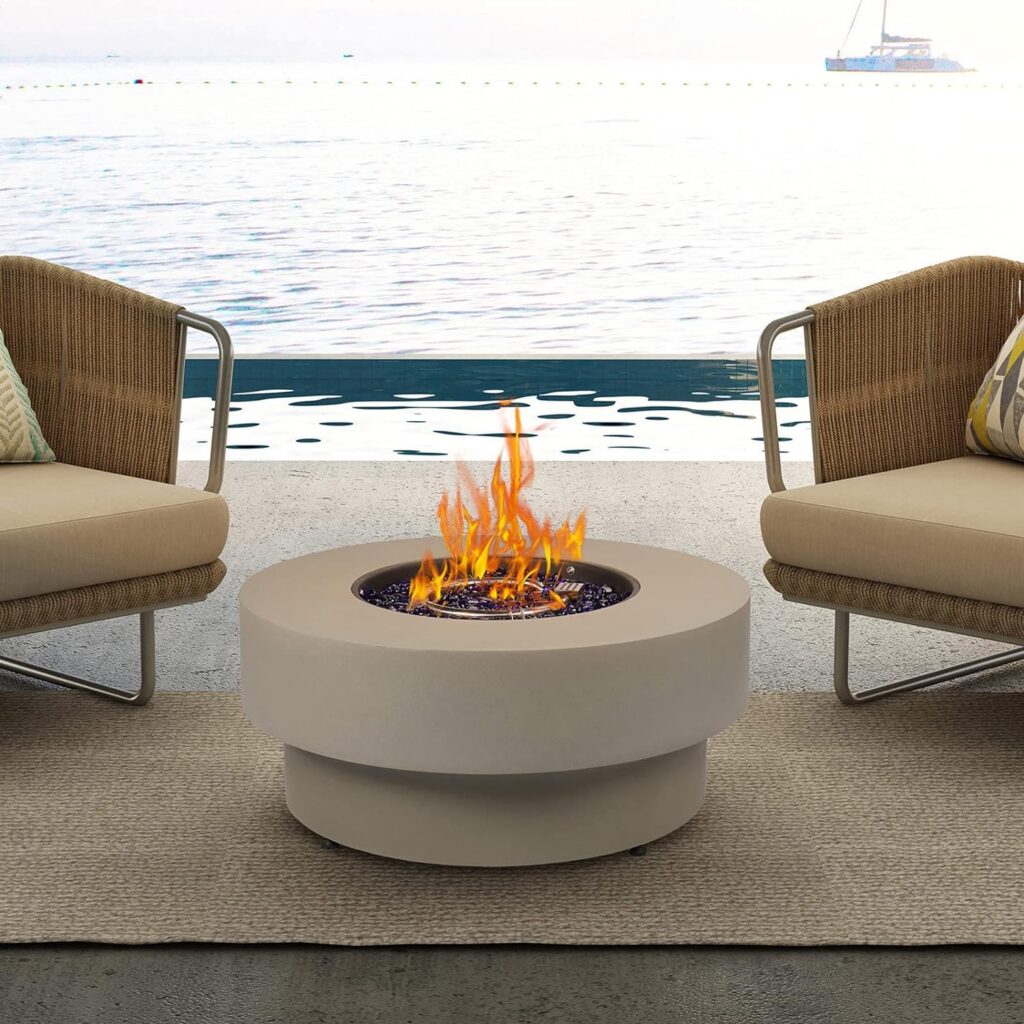 BAIDE Home Propane Outdoor Fire Pit Table, Flint Concrete Look 33-inch Round Patio Gas Fire Table 50,000 BTU w/Lid, Fire Glass, Heavy Duty Rain Cover, Pre-Attached 10ft Propane Hose