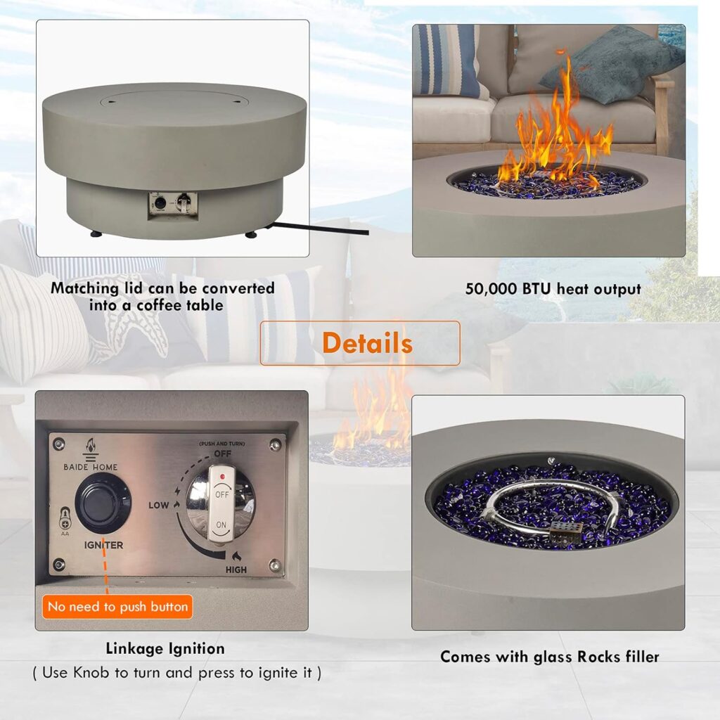 BAIDE Home Propane Outdoor Fire Pit Table, Flint Concrete Look 33-inch Round Patio Gas Fire Table 50,000 BTU w/Lid, Fire Glass, Heavy Duty Rain Cover, Pre-Attached 10ft Propane Hose