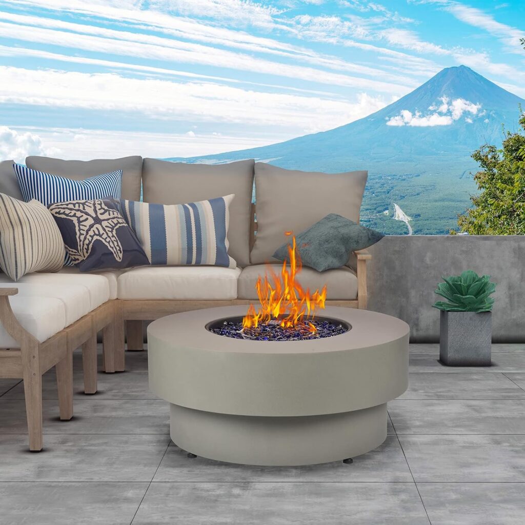 BAIDE Home Propane Outdoor Fire Pit Table, Flint Concrete Look 33-inch Round Patio Gas Fire Table 50,000 BTU w/Lid, Fire Glass, Heavy Duty Rain Cover, Pre-Attached 10ft Propane Hose