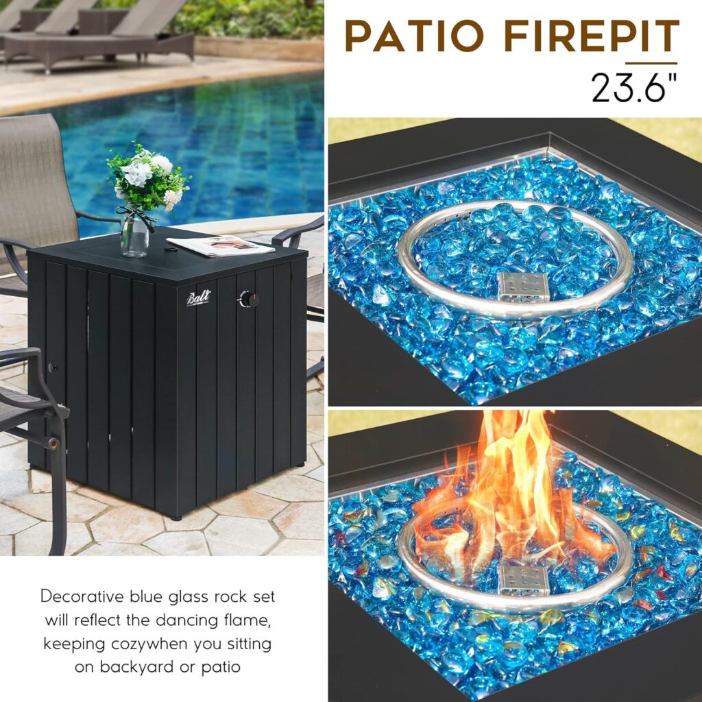 BALI OUTDOORS 23.6 Inch Square Gas Fire Pit Table with Blue Fire Glass, 41,000 BTU Propane Firepit Table for Outdoor Garden and Patio