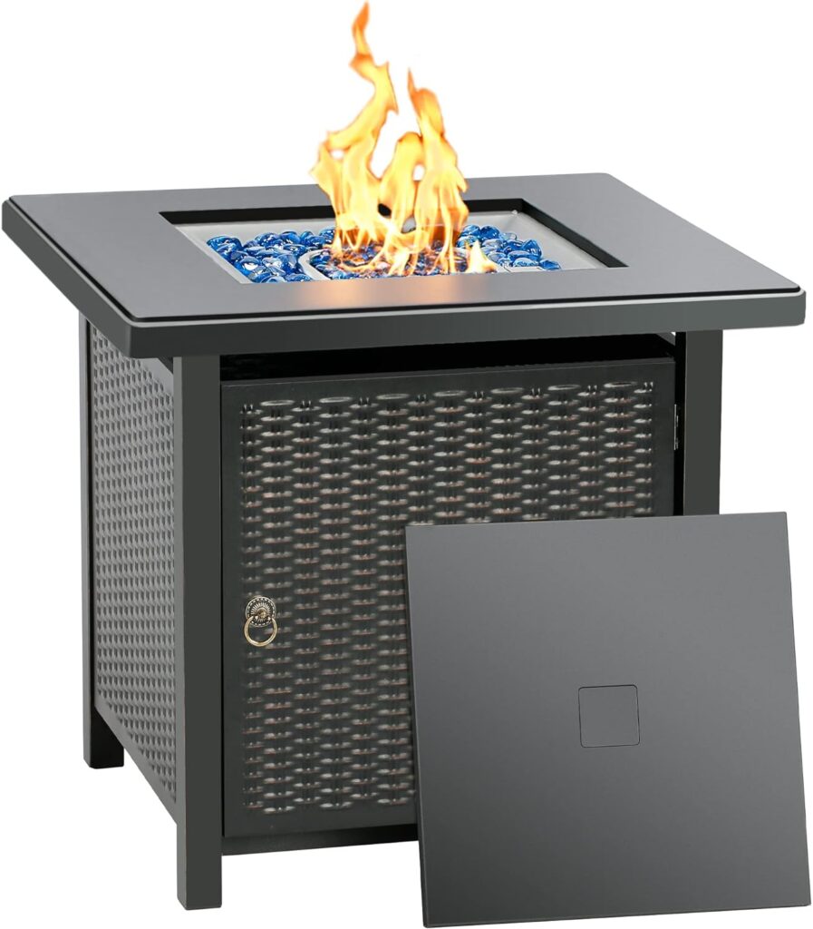 BALI OUTDOORS 28 Inch Propane Fire Pit Table, Rattan Wicker-Look 50,000 BTU Gas Firepits with Blue Fire Glass for Outside Patio and Garden