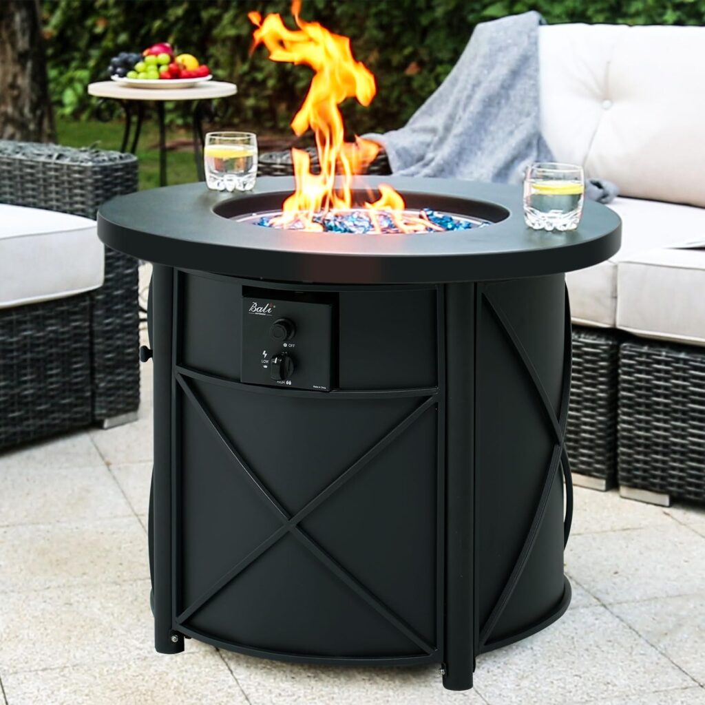 BALI OUTDOORS 30 Inch Round Gas Fire Pit Table, 50,000 BTU Propane Fire Pit Column with Blue Fire Glass Stone for Outside Patio and Garden