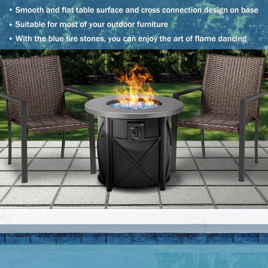 BALI OUTDOORS 30 Inch Round Gas Fire Pit Table, 50,000 BTU Propane Fire Pit Column with Blue Fire Glass Stone for Outside Patio and Garden