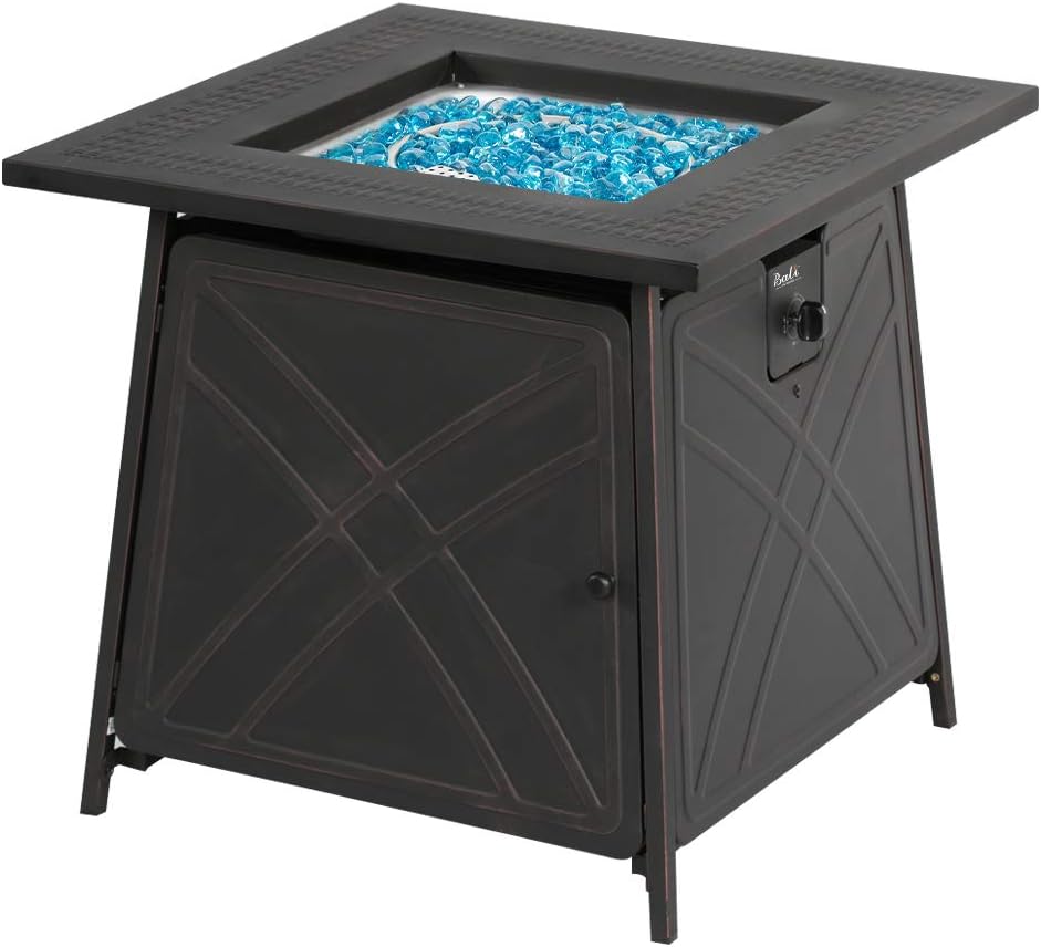 BALI OUTDOORS Gas FirePit Table, 28 inch 50,000 BTU Square Outdoor Propane Fire Pit Table with Lid and Blue Fire Glass