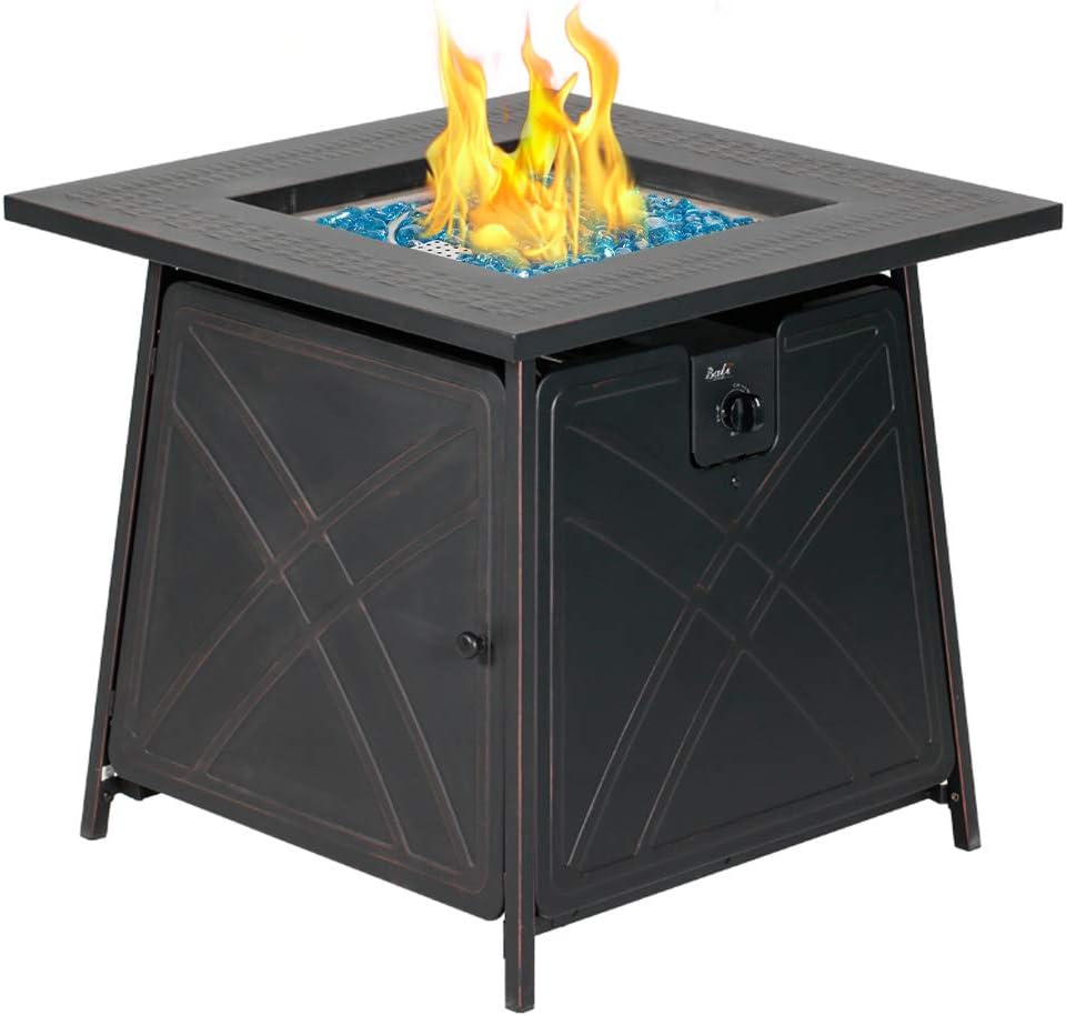 BALI OUTDOORS Gas FirePit Table, 28 inch 50,000 BTU Square Outdoor Propane Fire Pit Table with Lid and Blue Fire Glass