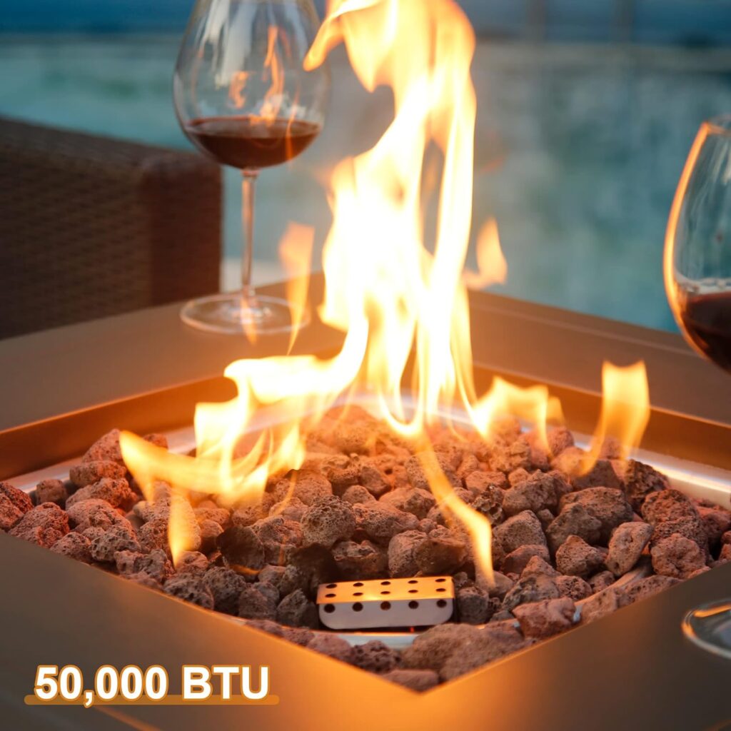 BALI OUTDOORS Gas FirePit Table 28 Inch Propane Fire Pit Table 50,000 BTU with Free Lava Rock and Tabletop Lid, Square Outdoor Table for Patio and Garden