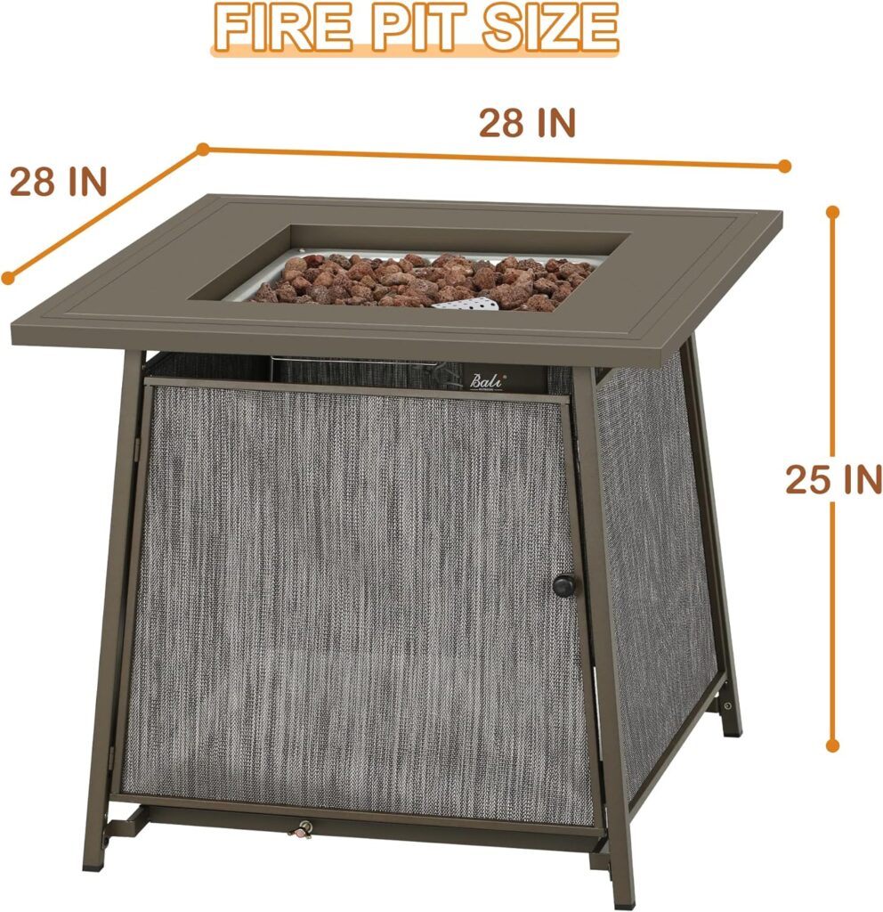 BALI OUTDOORS Gas FirePit Table 28 Inch Propane Fire Pit Table 50,000 BTU with Free Lava Rock and Tabletop Lid, Square Outdoor Table for Patio and Garden