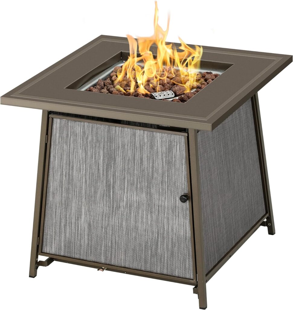 BALI OUTDOORS Gas FirePit Table 28 Inch Propane Fire Pit Table 50,000 BTU with Free Lava Rock and Tabletop Lid, Square Outdoor Table for Patio and Garden