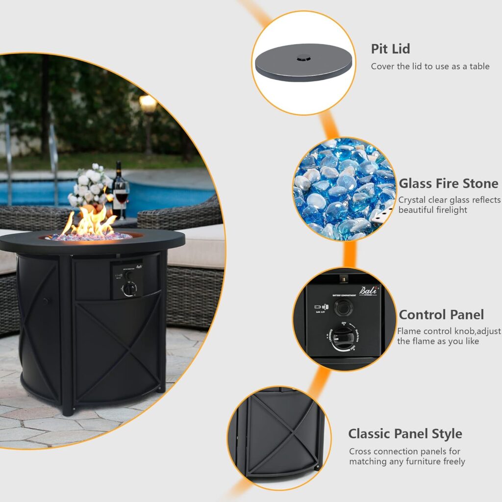 BALI OUTDOORS Propane Fire Pit Table Gas Firepit 30 Inch 50,000 BTU with Fire Glass Cover Lid for Patio, Garden, Backyard and Porch