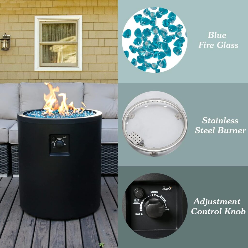 BALI OUTDOORS Round Propane Fire Pit Table Gas Firepit 23Inch Round Gas Fire Pit 50,000 BTU with Fire Glass