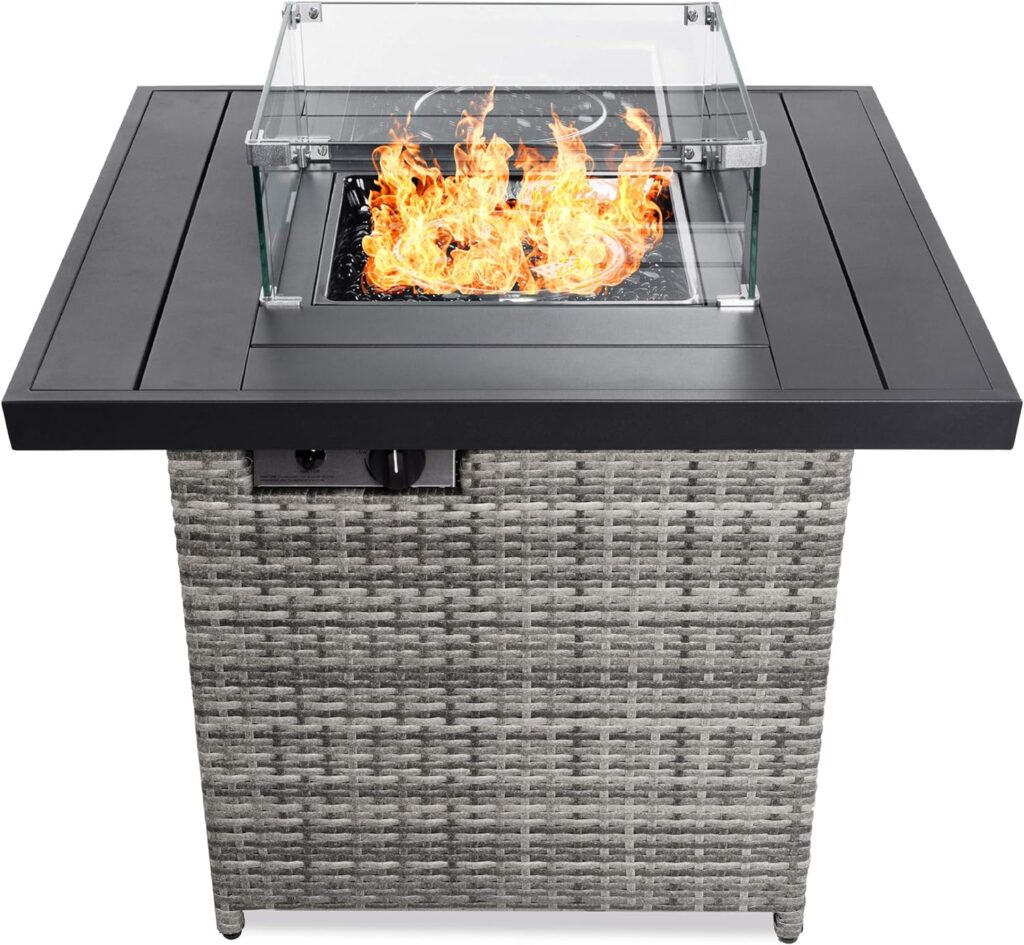 Best Choice Products 32in Fire Pit Table 50,000 BTU Outdoor Wicker Patio Propane Gas w/Glass Wind Guard, Aluminum Tabletop, Glass Rocks, Tank Storage, Lid, Cover - Ash Gray