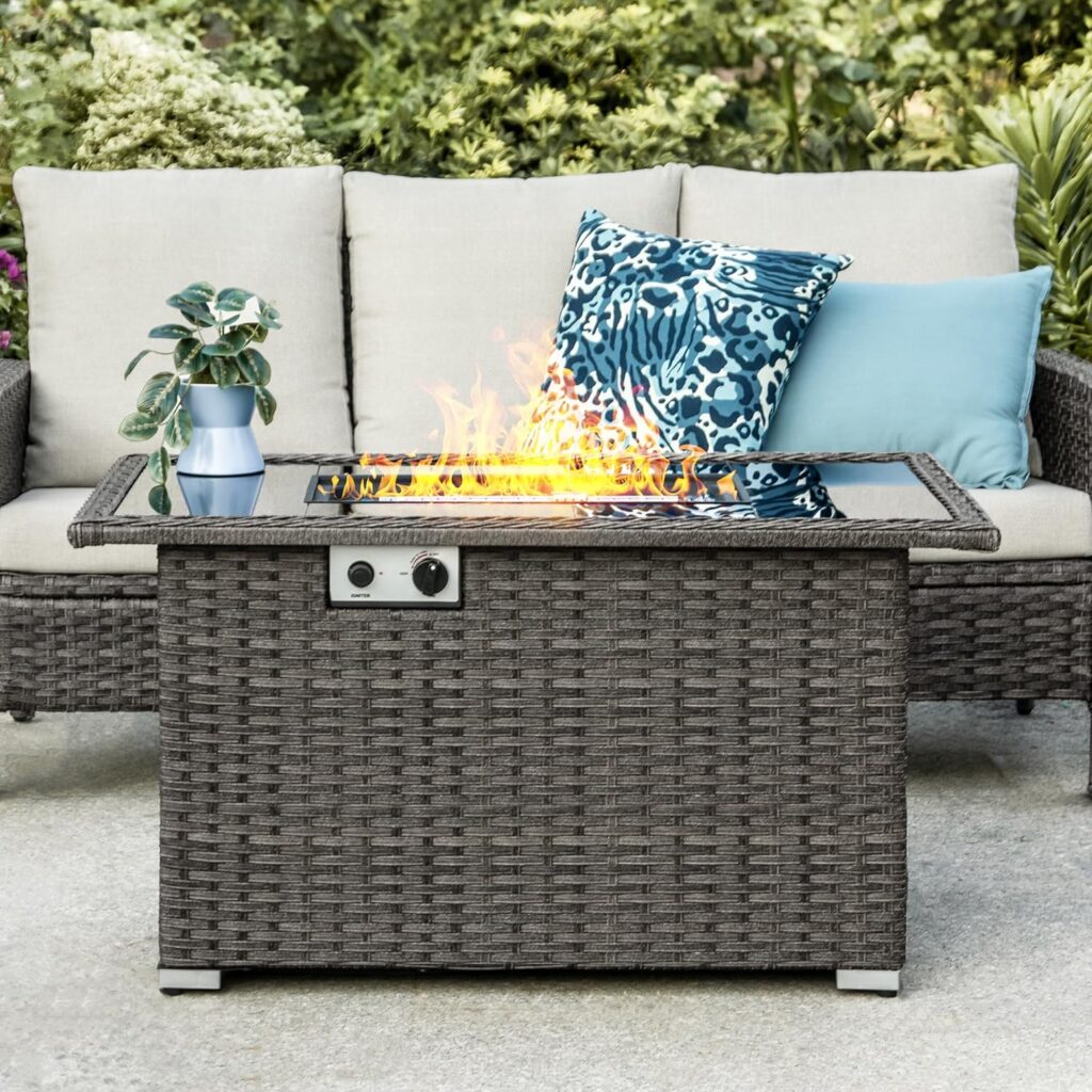 Brafab 44 Outdoor Propane Gas Fire Pit Table with Hand Woven Rattan Tempered Glass Tabletop, 50,000 BTU Updated Version PE Rattan Patio Firepit Table with Blue Fire Glass, Lid, ETL Certification