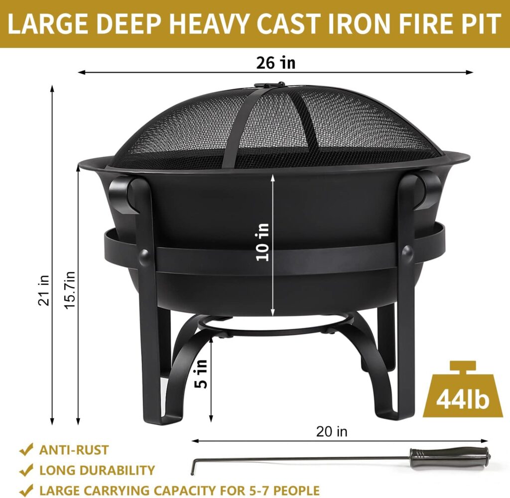 Cast Iron Fire Pits, Outdoor Round Wood Burning Fire Pit Bowl with Mesh Screen,Fireplace Poker,26Inch Black