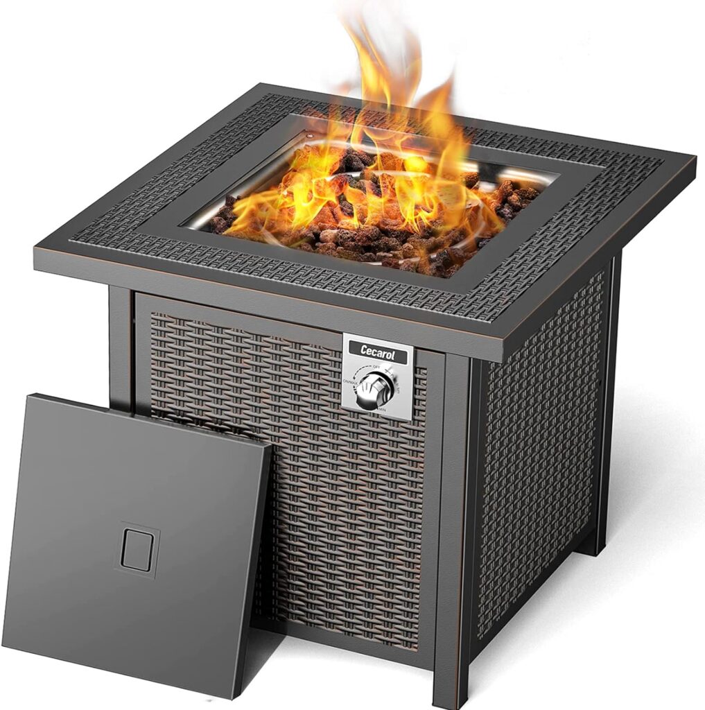 Cecarol Gas Propane Fire Pits with Lid and Lava Rock,50,000 BTU Outdoor Fire Pit Table Easy to Assemble, Steel Fire Table with ETL Certified for Outside Add Ambience to Gatherings (28In, Black)