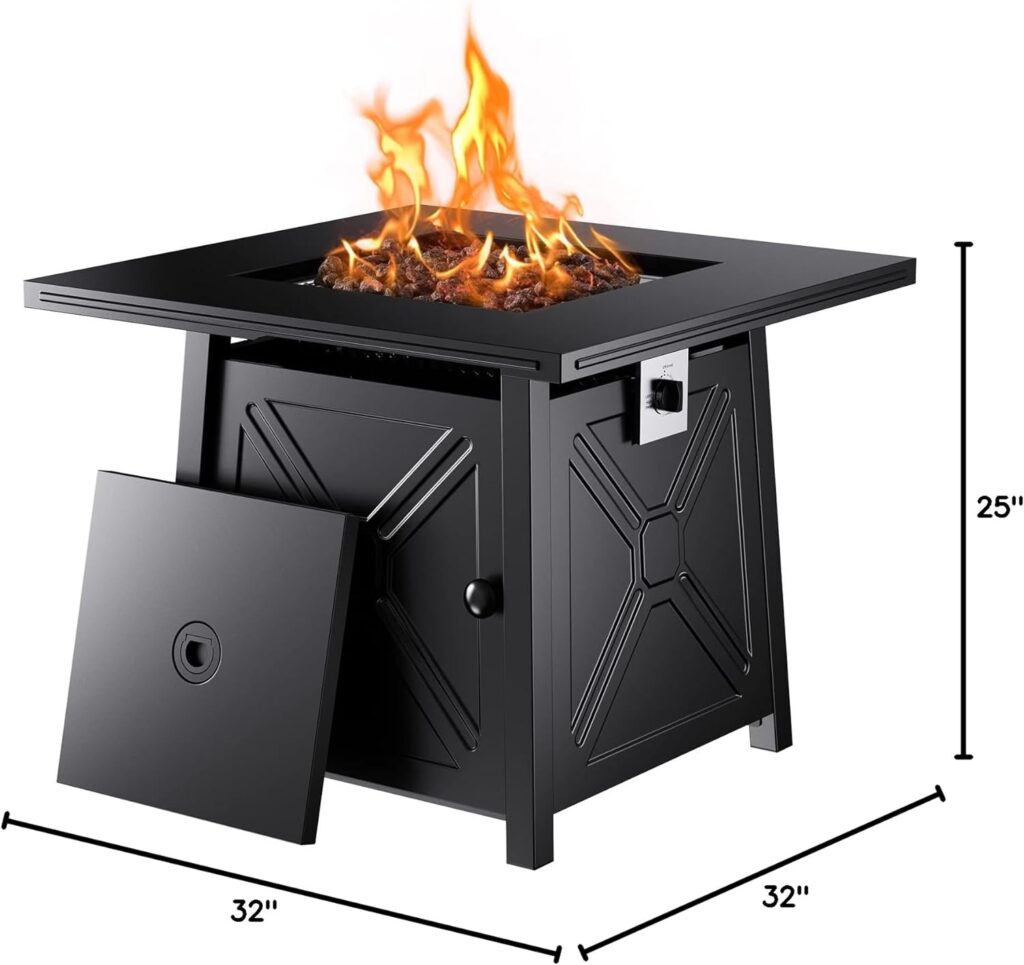 Ciays 28 Inch Propane Gas Fire Pit Table, 50,000 BTU, for Outsides with Steel Lid and Lava Rock, 2 in 1 Square Firepit Table for Gatherings Parties on Patio Deck Garden Backyard, Black