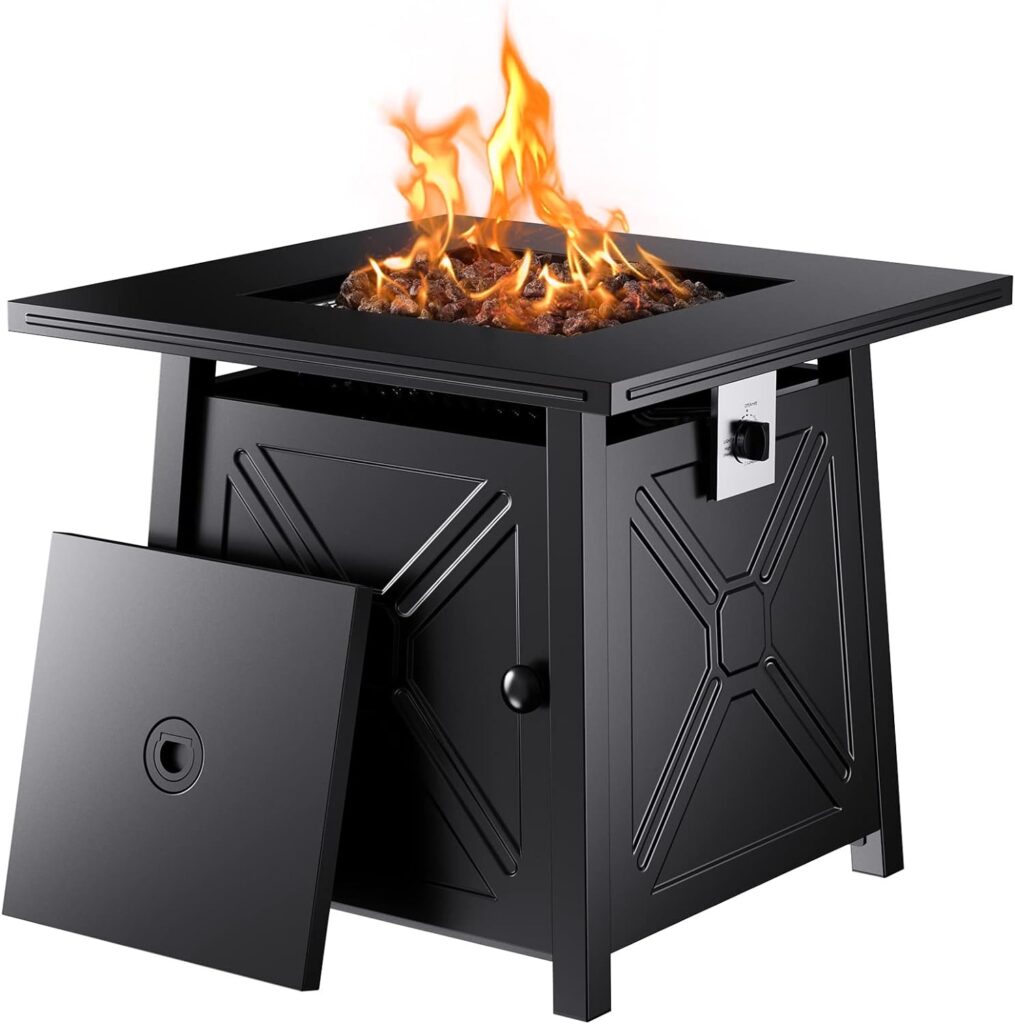 Ciays 28 Inch Propane Gas Fire Pit Table, 50,000 BTU, for Outsides with Steel Lid and Lava Rock, 2 in 1 Square Firepit Table for Gatherings Parties on Patio Deck Garden Backyard, Black