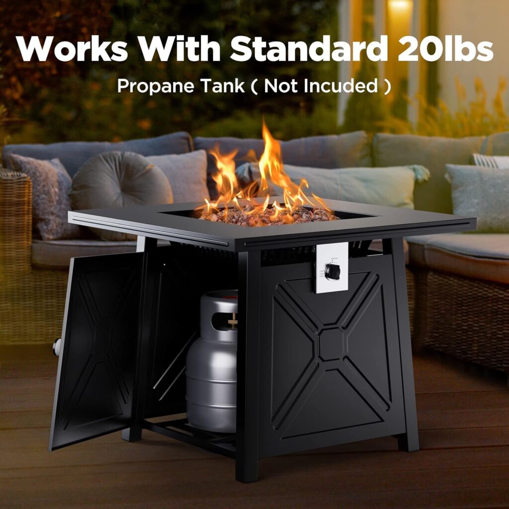 Ciays 28 Inch Propane Gas Fire Pit Table, 50,000 BTU, for Outsides with Steel Lid and Lava Rock, 2 in 1 Square Firepit Table for Gatherings Parties on Patio Deck Garden Backyard, Black