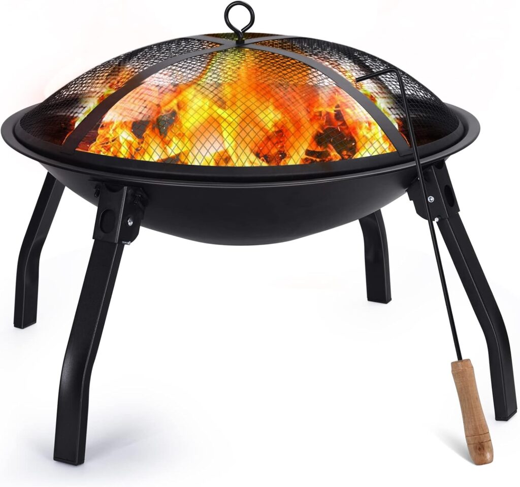 Cogesu Fire Pit, 22in Foldable Wood Burning Fire Pits for Outside, FirePit with Carry Bag, Spark Screen Poker, Pack Grill, Folding Legs for Camping, Picnic, Bonfire