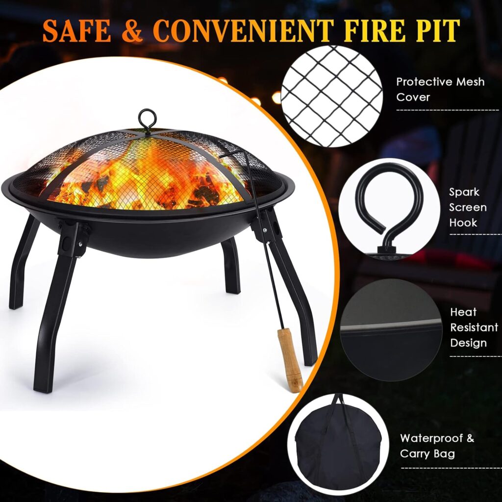 Cogesu Fire Pit, 22in Foldable Wood Burning Fire Pits for Outside, FirePit with Carry Bag, Spark Screen Poker, Pack Grill, Folding Legs for Camping, Picnic, Bonfire