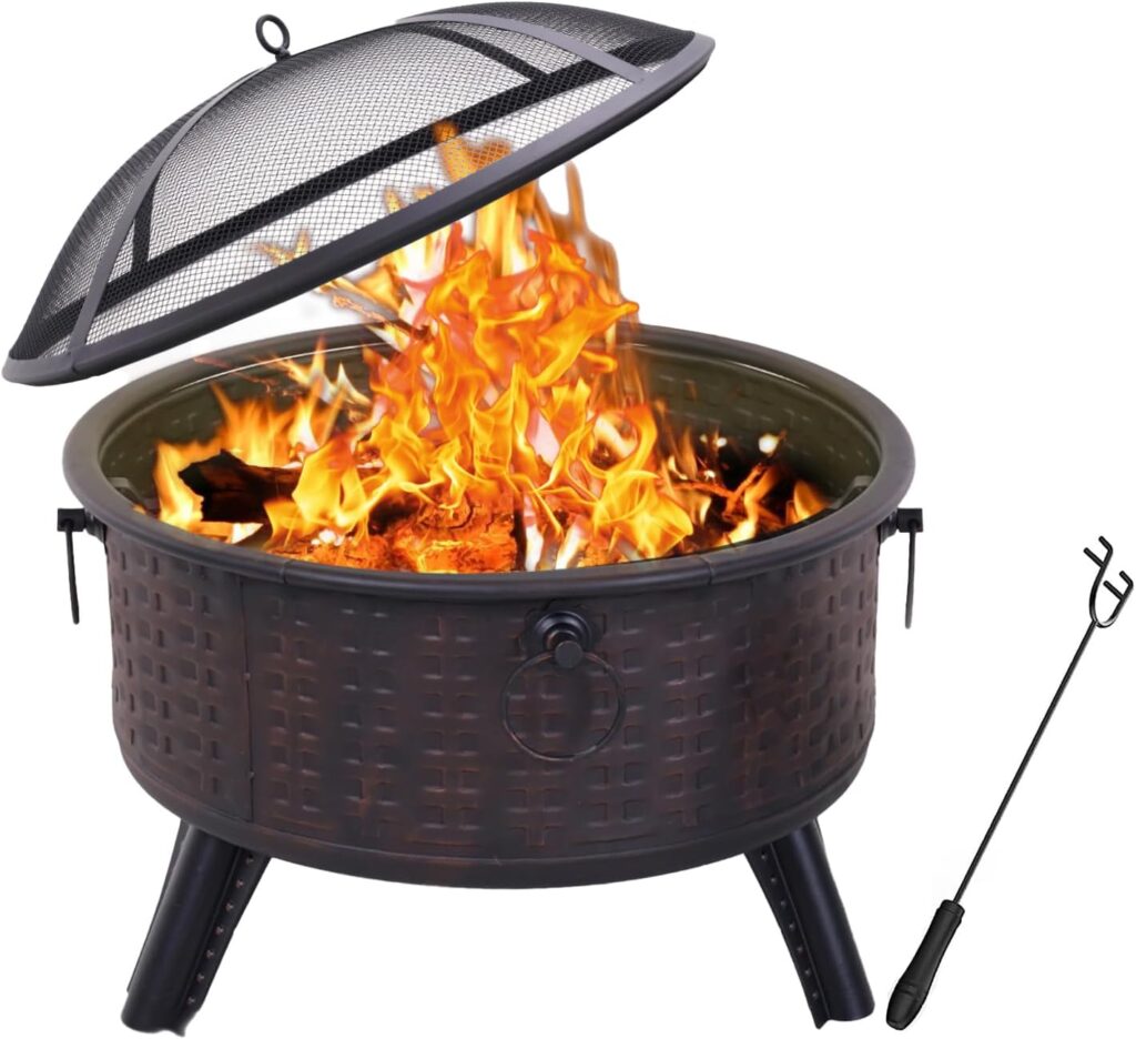 Fire Pit, Portable Firepits for Outside Patio, Outdoor Wood Burning Fire Pits 26 Small Round Steel Fireplace Clearance for Backyard Garden Bonfire Camping…