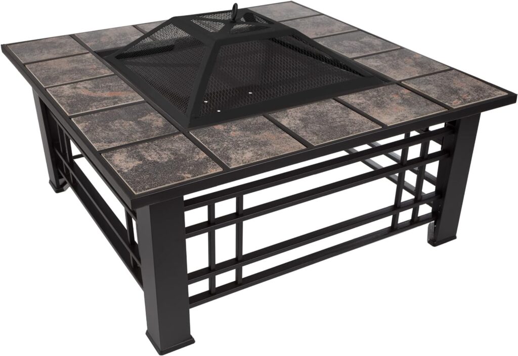 Fire Pit Set, Wood Burning Pit - Includes Screen, Cover and Log Poker - Great for Outdoor and Patio, 30 inch Square Marble Tile Firepit by Pure Garden, Black