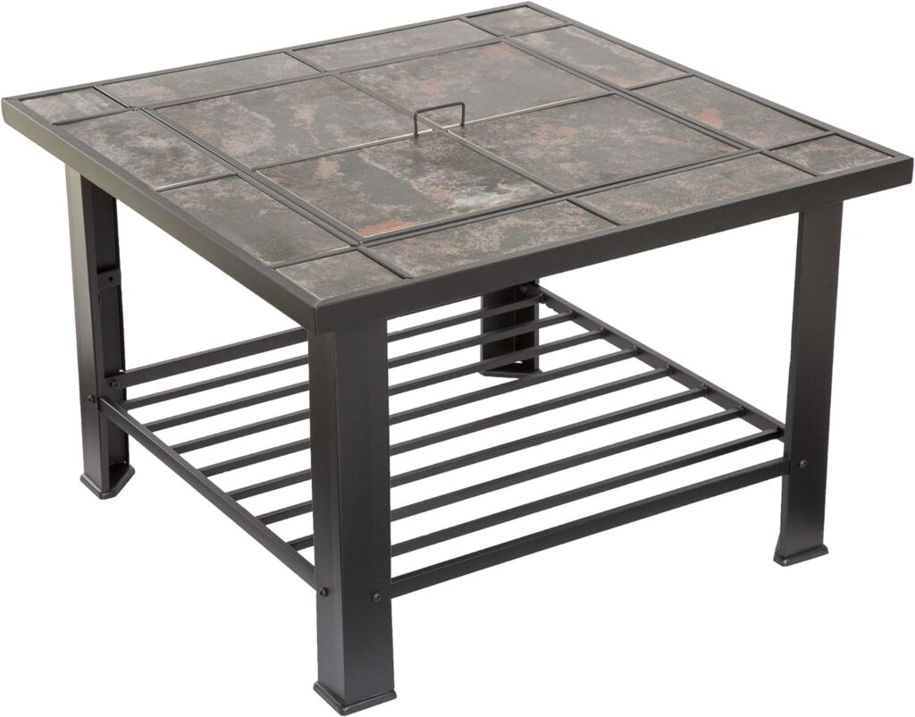 Fire Pit Set, Wood Burning Pit - Includes Screen, Cover and Log Poker - Great for Outdoor and Patio, 30 inch Square Marble Tile Firepit by Pure Garden, Black