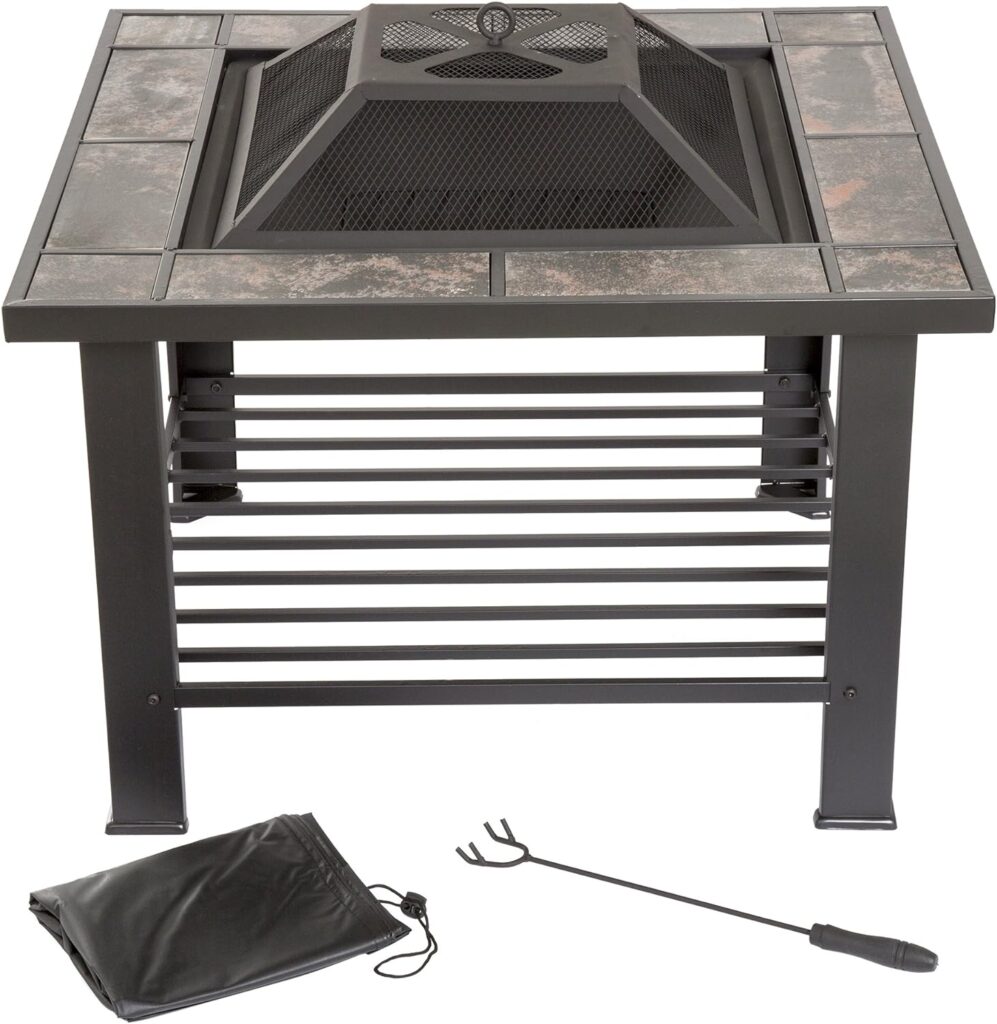 Fire Pit Set, Wood Burning Pit - Includes Screen, Cover and Log Poker - Great for Outdoor and Patio, 30 inch Square Marble Tile Firepit by Pure Garden, Black