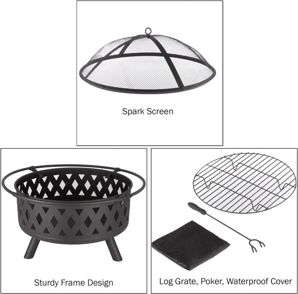 Fire Pit Set, Wood Burning Pit - Includes Screen, Cover and Log Poker - Great for Outdoor and Patio, 32 inch Round Crossweave Firepit by Pure Garden