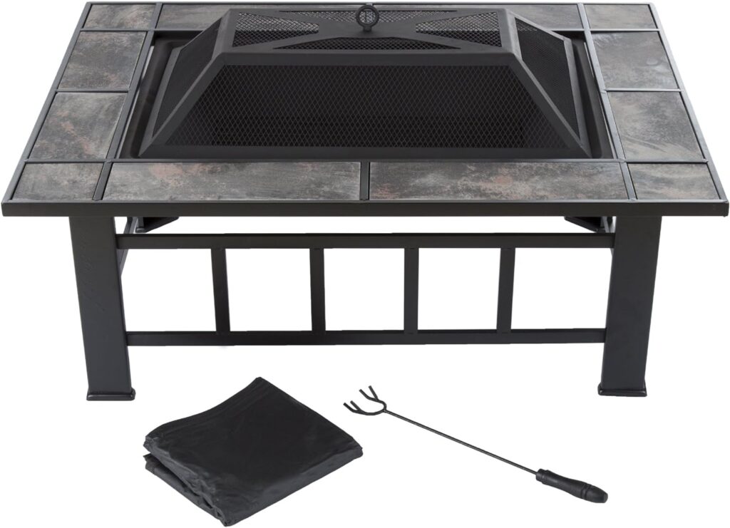 Fire Pit Set, Wood Burning Pit -Includes Screen, Cover and Log Poker- Great for Outdoor and Patio, 37Â” Marble Tile Rectangular Firepit by Pure Garden