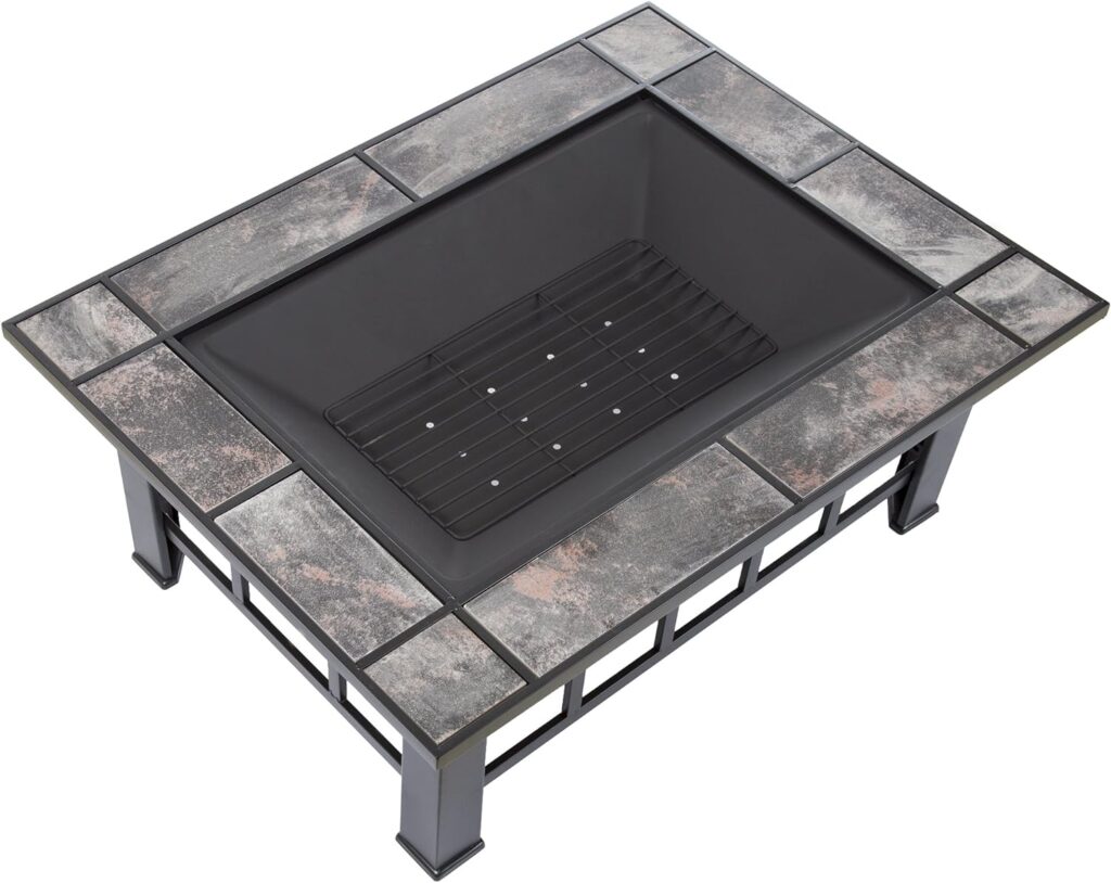 Fire Pit Set, Wood Burning Pit -Includes Screen, Cover and Log Poker- Great for Outdoor and Patio, 37Â” Marble Tile Rectangular Firepit by Pure Garden