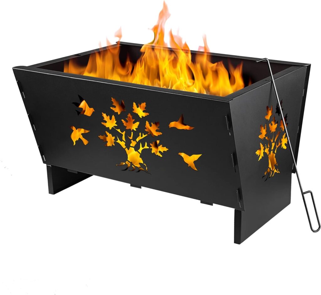 Fire Pit,Wood Fire Pits,Bonfire Pit,Fire Pits for Outside,28 Inch Rectangle Cast Iron Fire Pit for Patio,Backyard with Fire Poker and Metal Grate,Tree Cutout Pattern