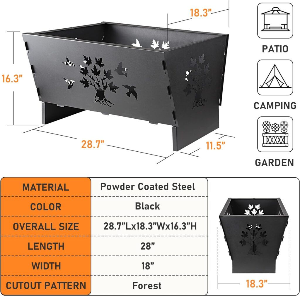 Fire Pit,Wood Fire Pits,Bonfire Pit,Fire Pits for Outside,28 Inch Rectangle Cast Iron Fire Pit for Patio,Backyard with Fire Poker and Metal Grate,Tree Cutout Pattern