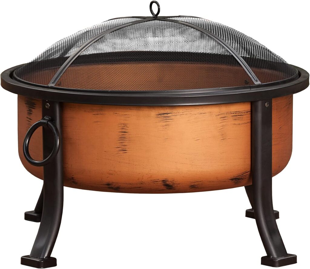 Fire Sense 62342 Lumina Round Wood Burning Fire Pit Copper Finish Steel Fire Bowl Mesh Spark Screen Screen Lift Tool Included Lightweight Portable Patio Outdoor Heater - Round - 24 Diameter