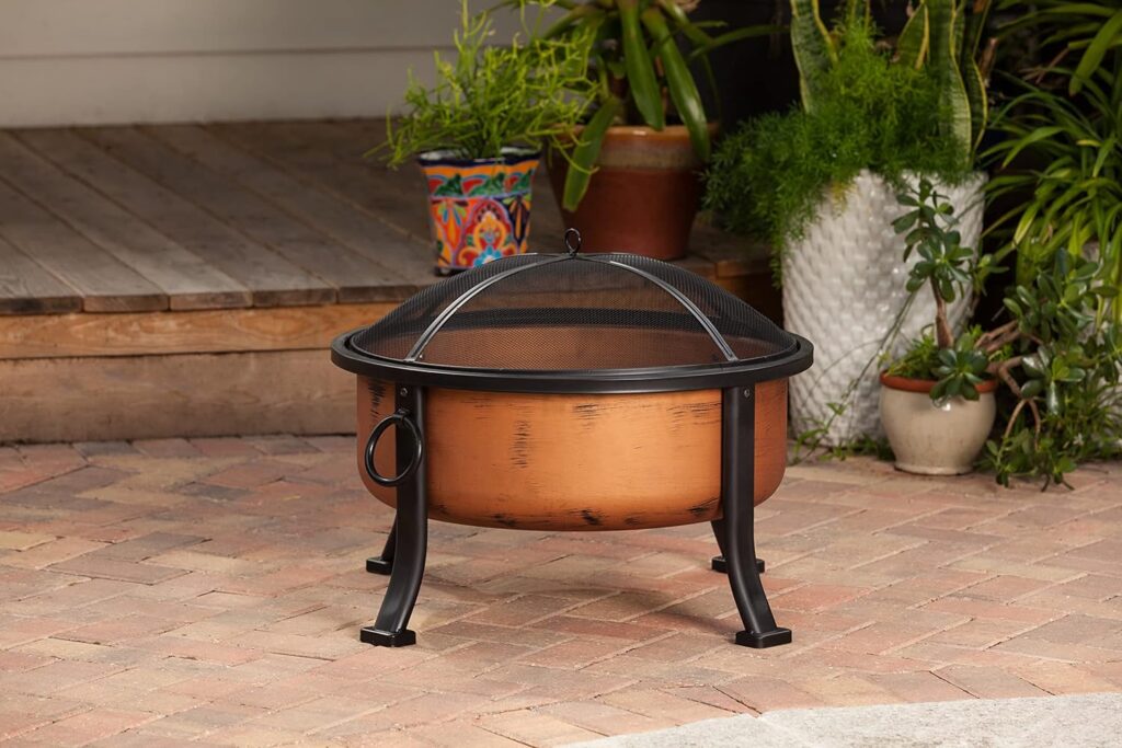 Fire Sense 62342 Lumina Round Wood Burning Fire Pit Copper Finish Steel Fire Bowl Mesh Spark Screen Screen Lift Tool Included Lightweight Portable Patio Outdoor Heater - Round - 24 Diameter