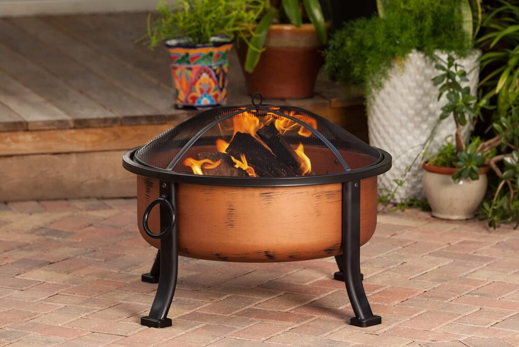 Fire Sense 62342 Lumina Round Wood Burning Fire Pit Copper Finish Steel Fire Bowl Mesh Spark Screen Screen Lift Tool Included Lightweight Portable Patio Outdoor Heater - Round - 24 Diameter